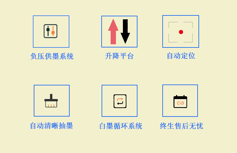 9060uv萬能打印機采用的是負壓供墨系統(tǒng)，超強吸附平臺，噴頭加熱恒溫，自動清晰抽墨系統(tǒng)，白墨循環(huán)系統(tǒng)，以及終生售后無憂